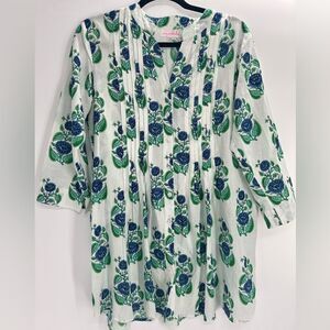 Mary Marshmallow Tunic Dress Green Blue Floral Button Down 100% Cotton Size XS